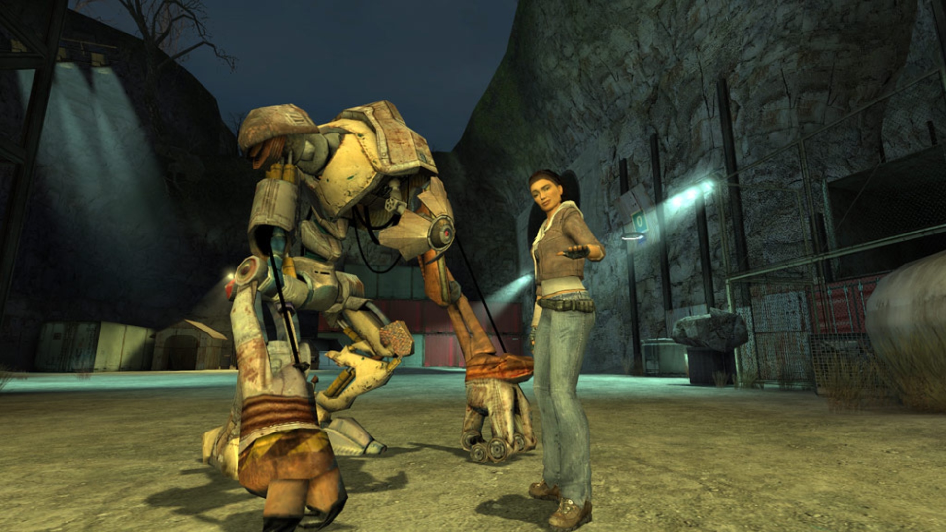 Half-Life novel: A young woman, Alyx Vance, stands alongside a giant robot in Valve FPS game Half-Life 2