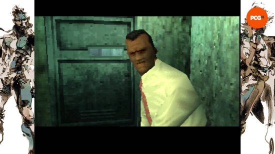 Metal Gear Solid: Der DARPA-Chef in seiner Gefängniszelle, trägt ein cremefarbenes Hemd und eine lachsfarbene Krawatte.