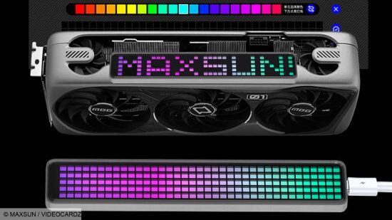 Ein Bild des abnehmbaren LED-Bildschirms der MaxSun RTX 4090-Grafikkarte.