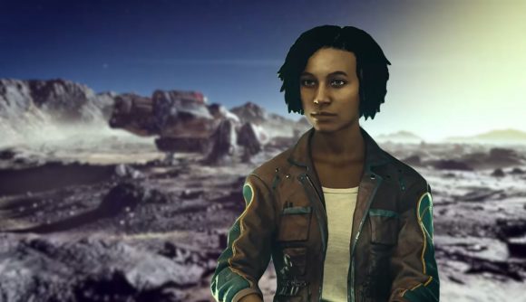 Starfield mods: a woman wearing a brown leather jacket stands in front of a blurred background.