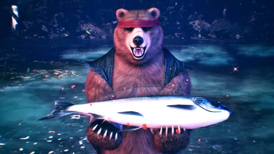 Kuma, one of the oldest members of the Tekken 8 roster, is holding a fish while wearing a red headband and a torn leather jacket.