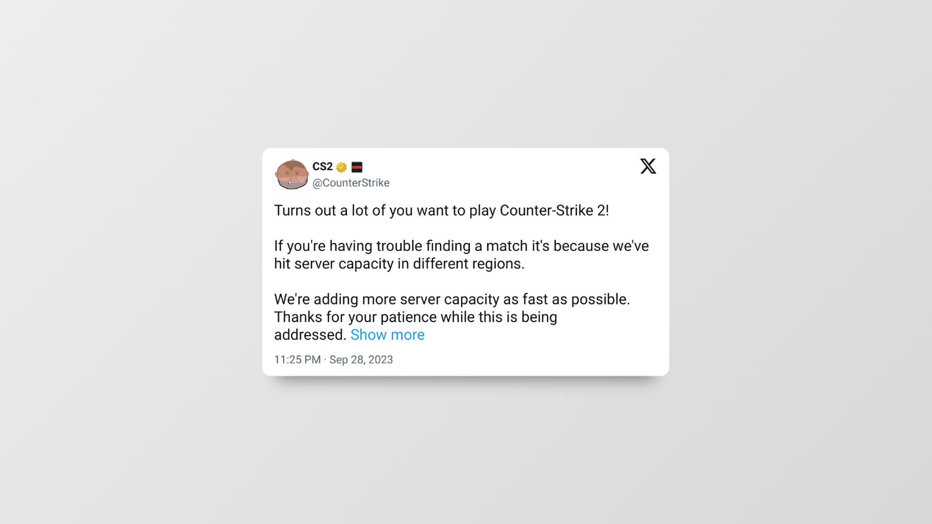 Serverkapazität von Counter-Strike 2 Tweet von Valve, der erklärt, wie viele Spieler dabei sind und wie neue Serverkapazitäten im Gange sind