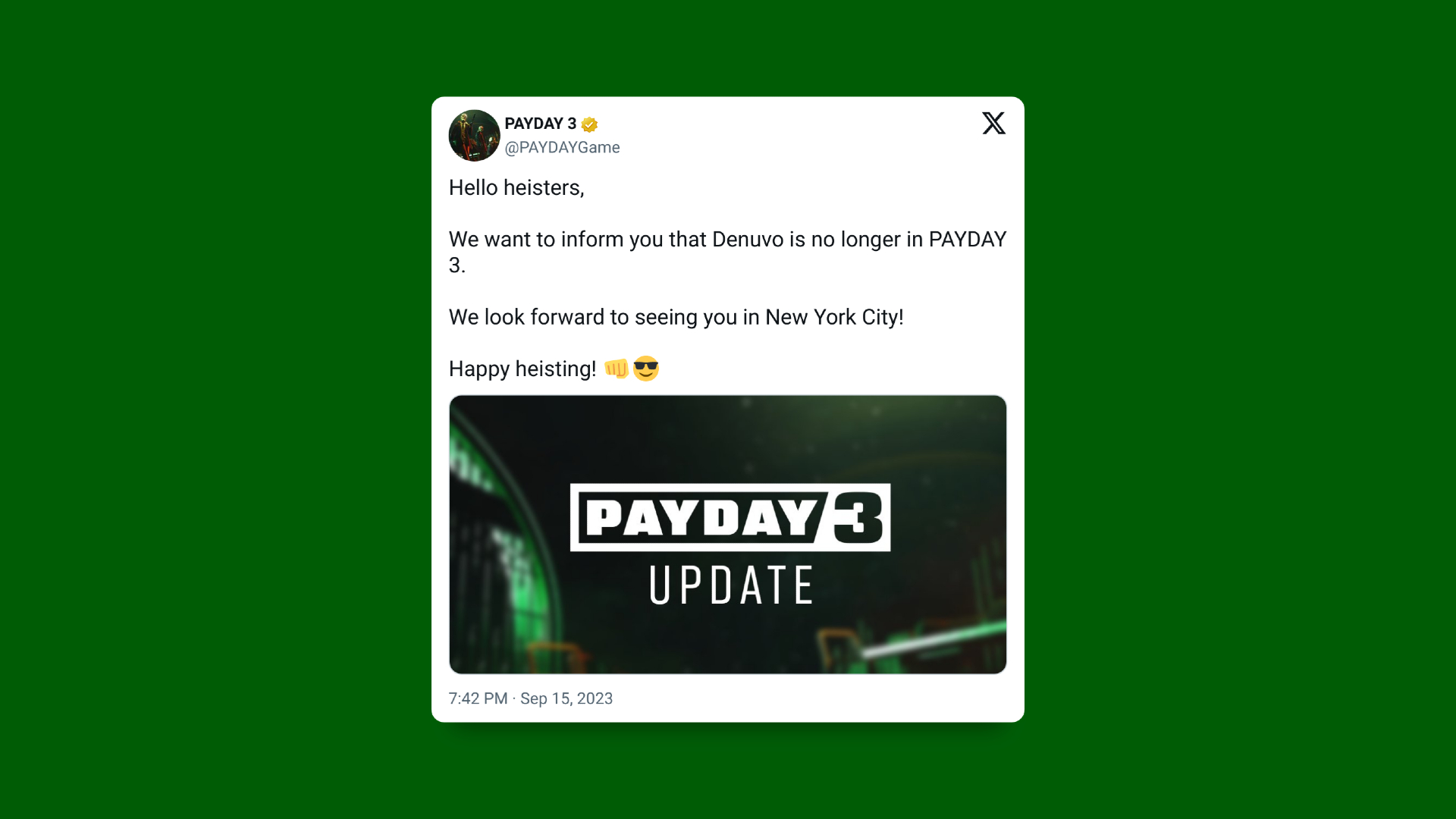 Der Twitter-Beitrag „Payday 3“ enthüllt, dass Denuvo aus dem Spiel entfernt wurde