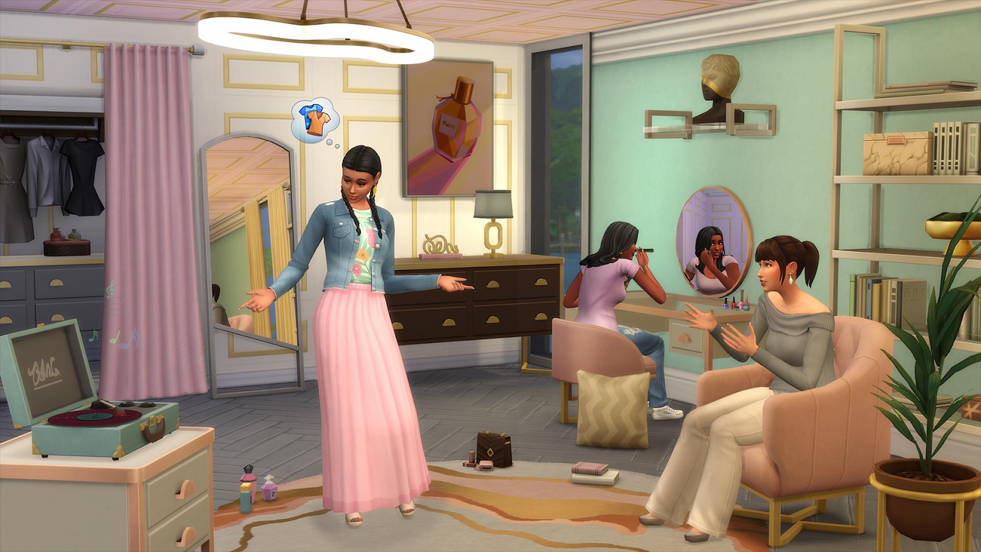 Screenshot von Sims 4 Modern Luxe Kit, der Sims in einer Boutique zeigt, wie sie Kleidung anprobieren und sich schminken