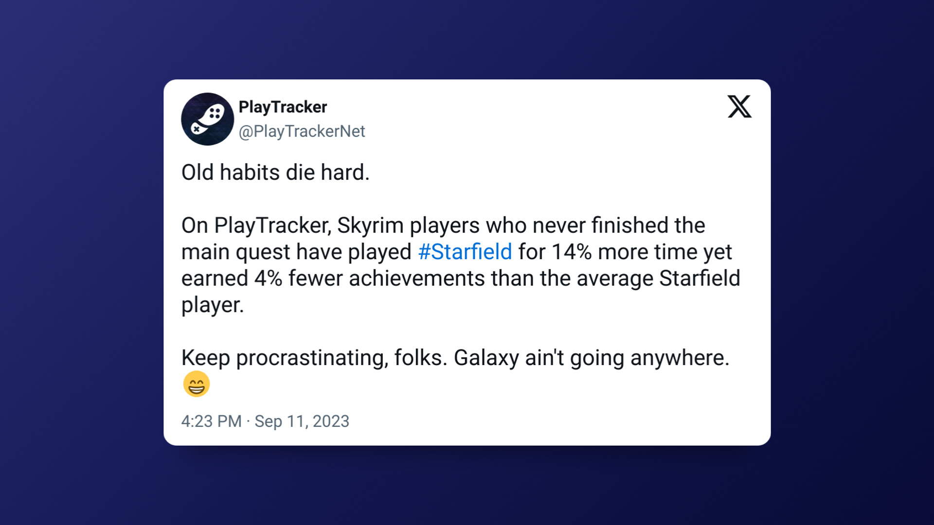 PlayTracker post on Twitter describing how former Skyrim players are getting fewer achievements in Starfield, too