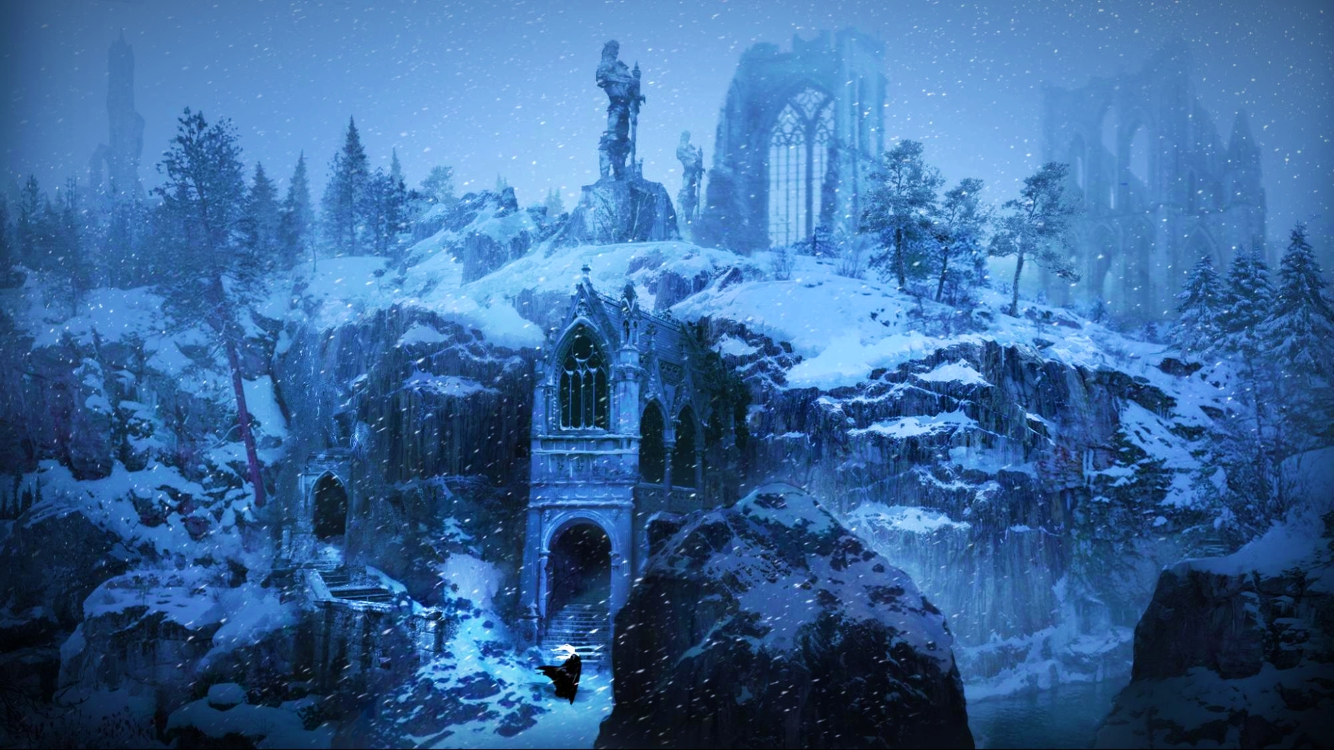 Arte conceptual de la nueva zona V Rising que muestra un bioma nevado con ruinas de un castillo
