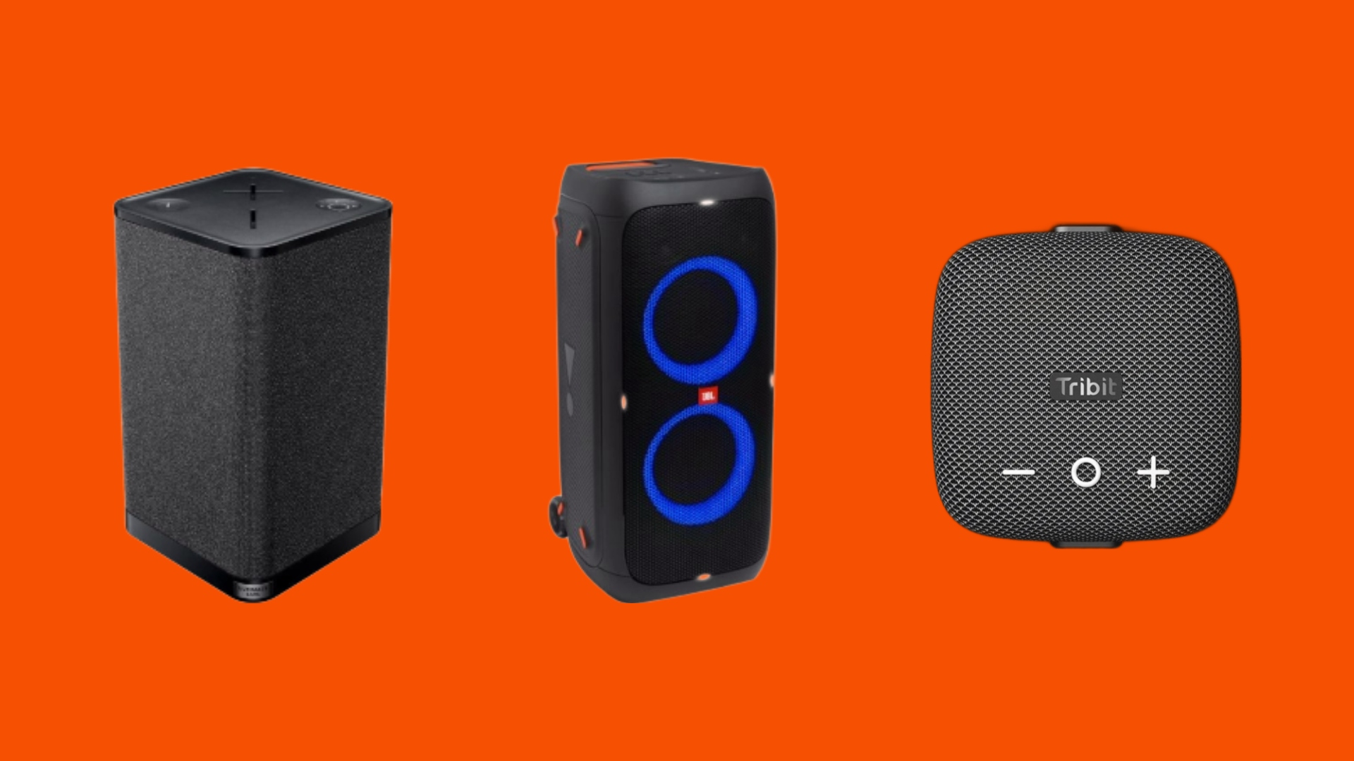 Three of the best Bluetooth speakers arranged in a row on an orange background