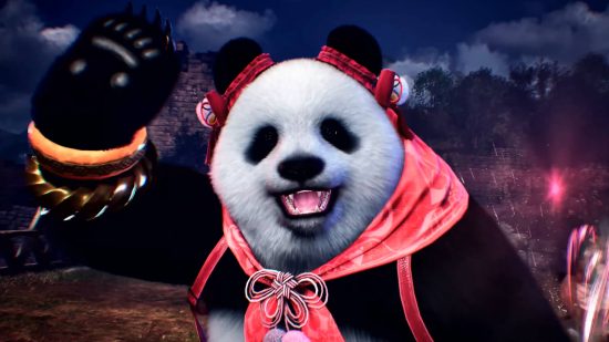 Panda, one of the Tekken 8 characters, is wearing an adorable pink neckscarf, orange bangles, and has pink tartan bows on her ears.