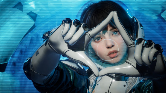 The First Descendant characters: a woman wearing what looks like a space suit makes a heart sign with her fingers.