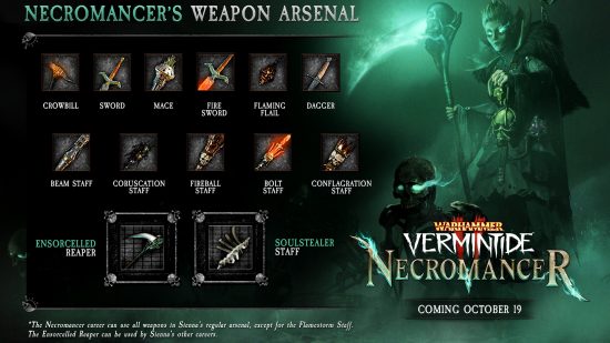 Warhammer Vermintide 2-Waffen – Liste der Waffen, die mit der neuen Sienna-Karriere kompatibel sind, einschließlich der Neuzugänge Ensorcelled Reaper und Soulstealer Staff.