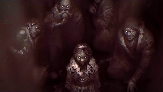 Diablo 4 Steam release: a young vampire girl stands with her head tilted down, surrounded by other undead people