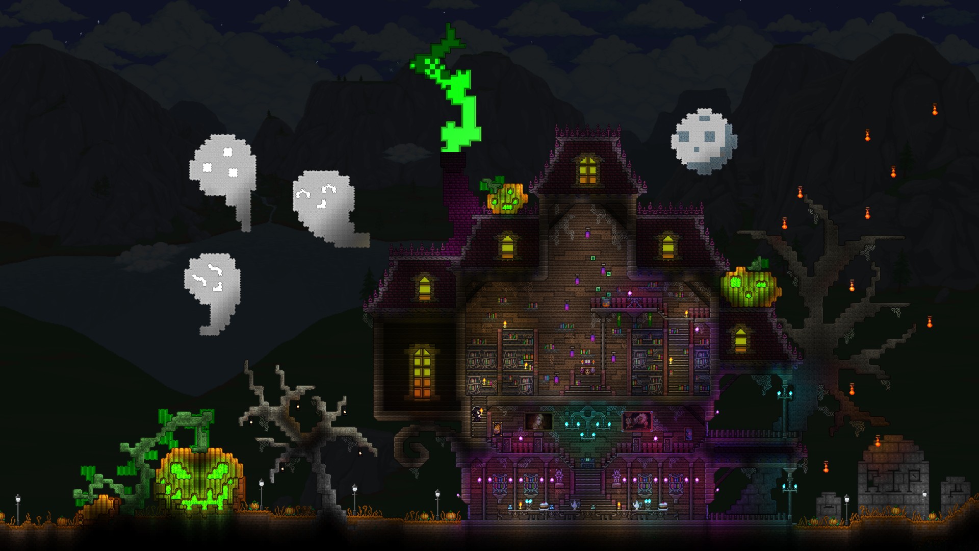 Terraria haunted house build with green and purple lighting, and ghosts surrounding it
