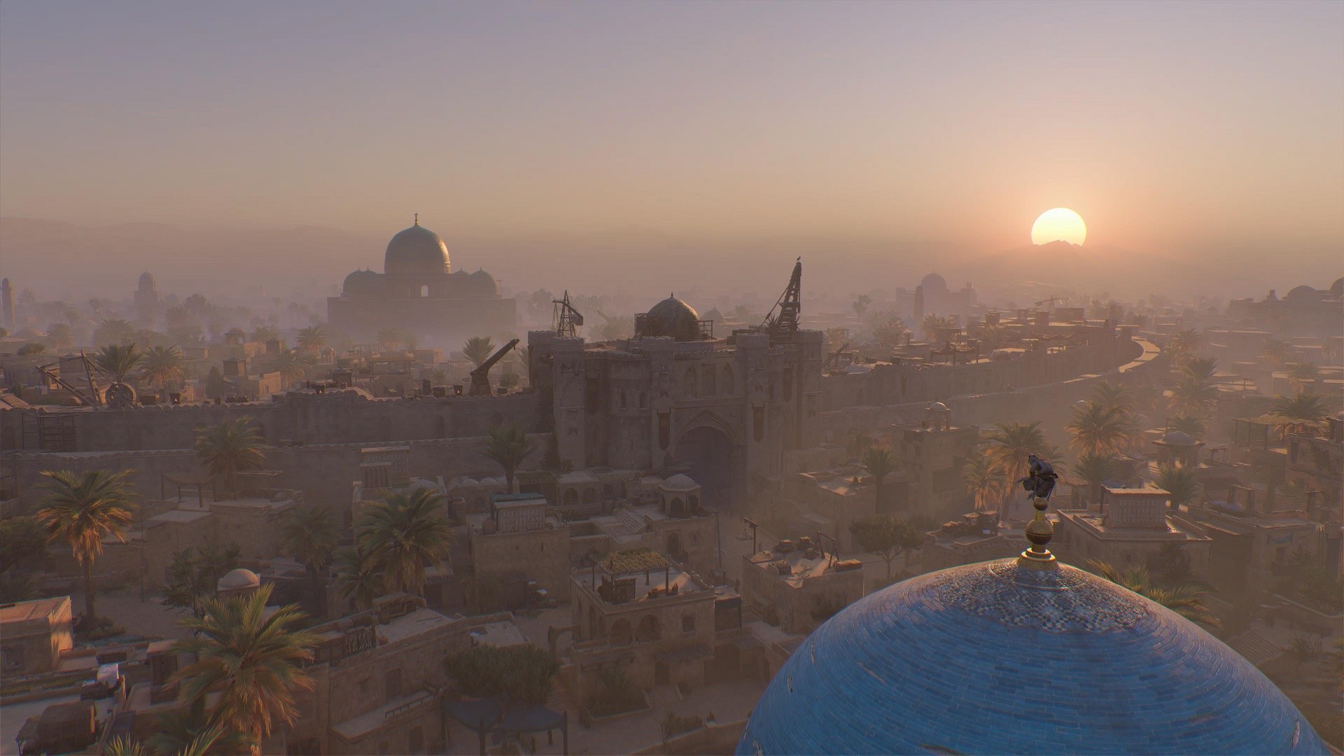 Assassins' Creed Mirage's Basim looking out over the Baghdad.
