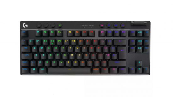 Best wireless keyboard Logitech G Pro X TKL Lightspeed: a black keyboard appears against a white background.