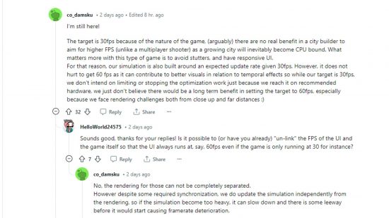 Cities Skylines 2 devs see “no real benefit” in fps higher than 30