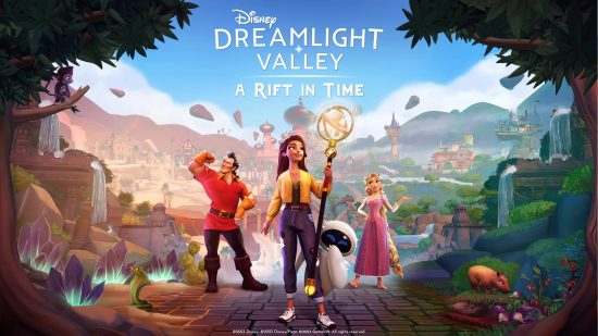 Disney Dreamlight Valley: A Rift in Time: un póster del nuevo pase de expansión, con Gaston, Rapunzel y EVE.