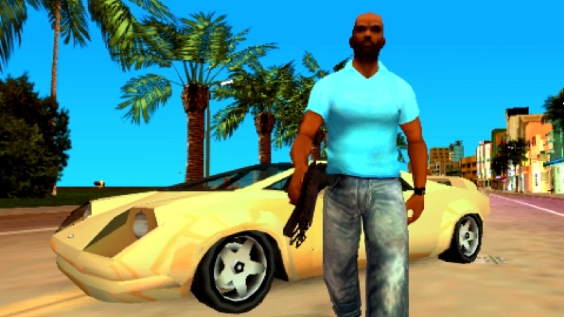 GTA 6-Kartengröße: Ein Mann in einem blauen Hemd, Vic Vance aus Rockstars Grand Theft Auto Vice City Stories