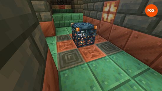 Un générateur Minecraft Breeze, distingué par les blocs de tuf ciselés qui l'entourent.