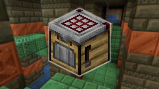 The Minecraft Crafter on the backdrop of a Trial chamber, both of which were added in 1.21.