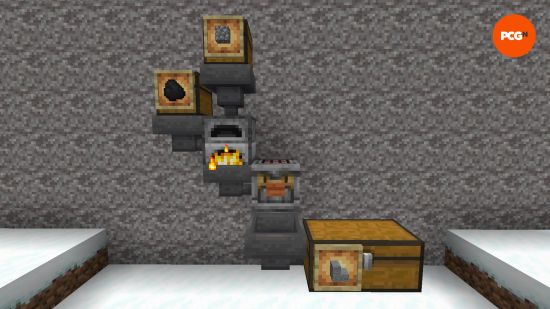 A relatively simple minecraft crafter setup involving a furnace and some chests and hoppers to craft stone stairs.