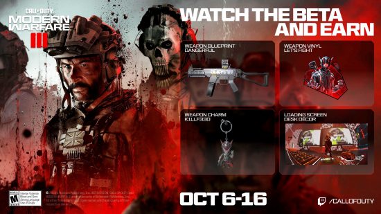 Four Modern Warfare 3 beta Twitch drop rewards available between Oct 6 and 16, 2023.