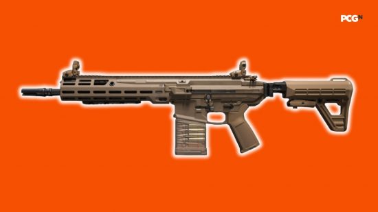 Best MW£ BAS B loadout: a beige assault rifle on an orange background.