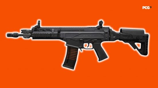 Best MW3 loadout: an assault rifle with glowing edges atop an orange background.
