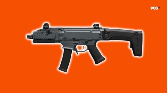 Best MW3 loadout: a submachine gun with a glowing outline atop an orange background.