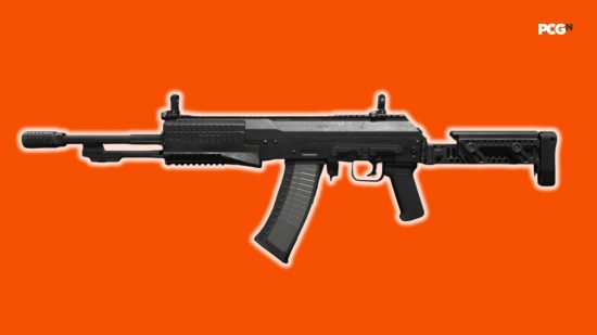 Best MW3 loadouts: an assault rifle with a glowing white outline atop an orange background.