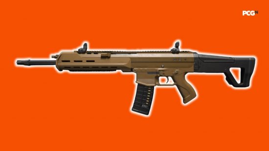 Best MW3 loadouts: a glowing assault rifle sits atop an orange background.