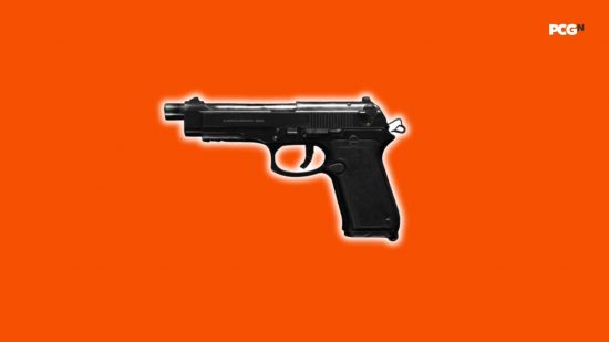 Best MW3 loadouts: a handgun with a white outline sits on top of an orange background.