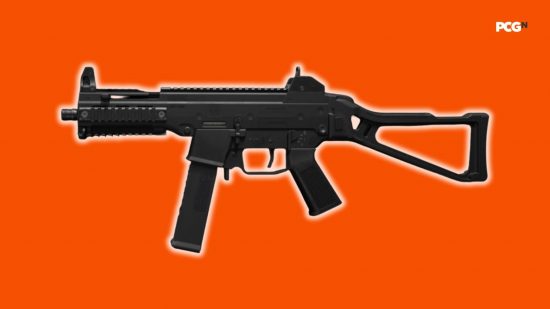 Best MW3 loadouts: a submachine gun with a glowing white background, sitting on an orange background.