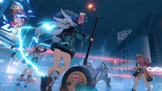 Una mujer se apoya en un enorme martillo en un universo estilo cyberpunk con enormes vallas publicitarias japonesas