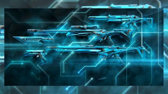 bright blue Valorant skins on a cybernetic style background make up the Intergrade set.