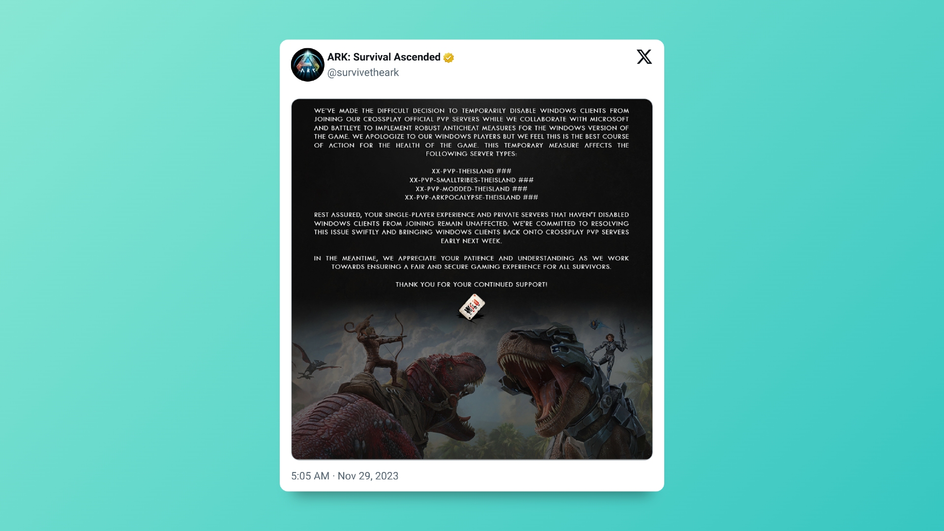 Ark Survival Ascended-Tweet von Entwicklern, der die Crossplay-Entfernung auf dem PC erklärt