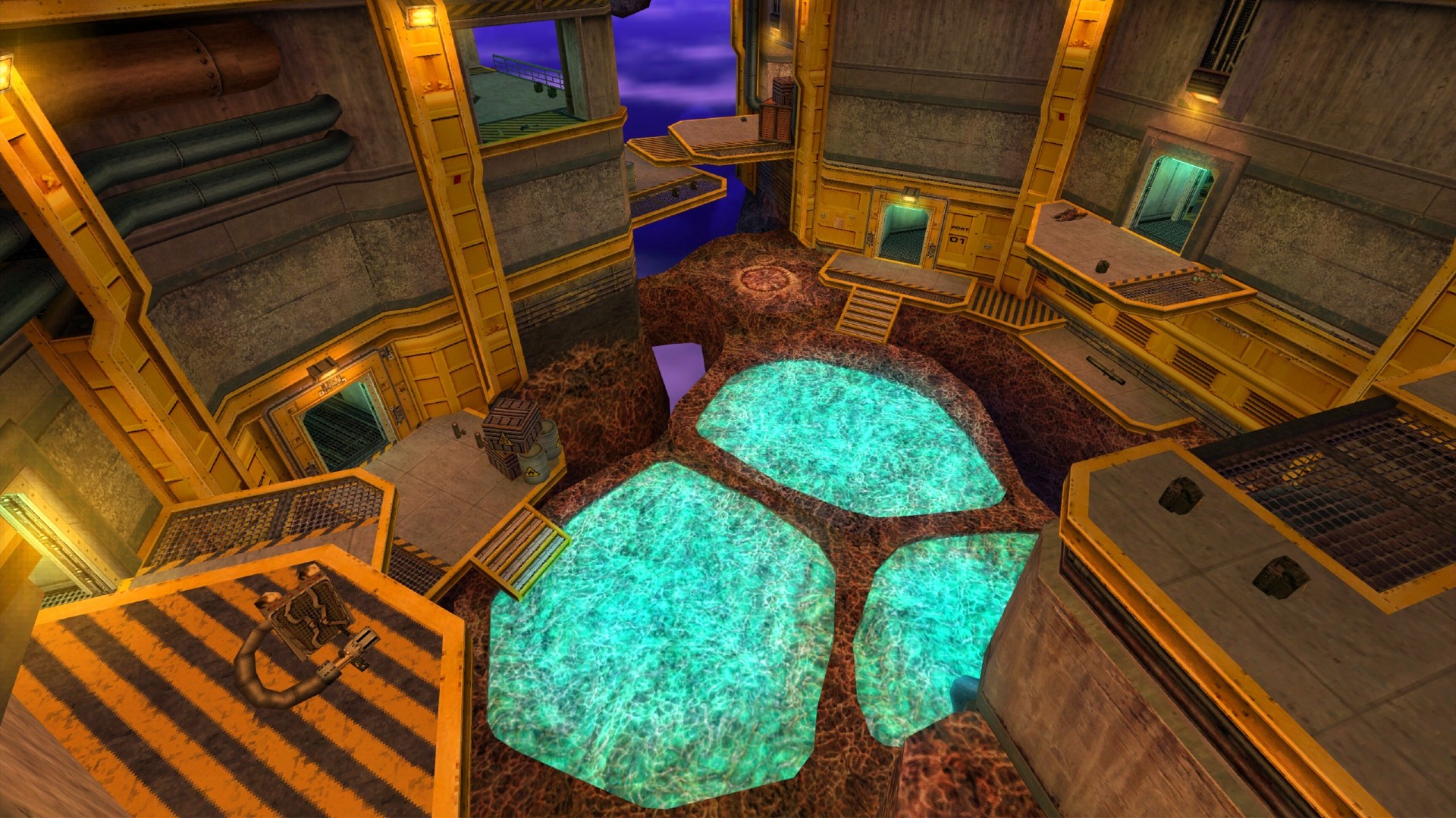Half-Life pool party map showing the inside of a facility seemingly floating in a purple space