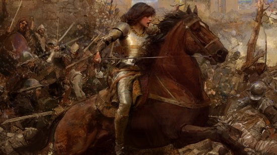 Age of Empires 4 The Sultans Ascend – Jeanne d'Arc, eine französische Kriegerin in voller Rüstung zu Pferd während einer Schlacht.