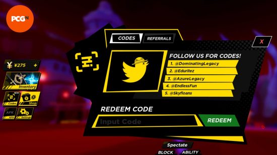 The code redeem screen in Anime Ball on Roblox.