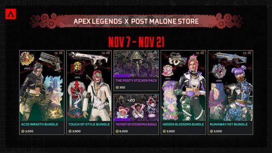 Eine Infografik, die die neuen Post Malone Apex Legends-Skins und deren Kosten zeigt