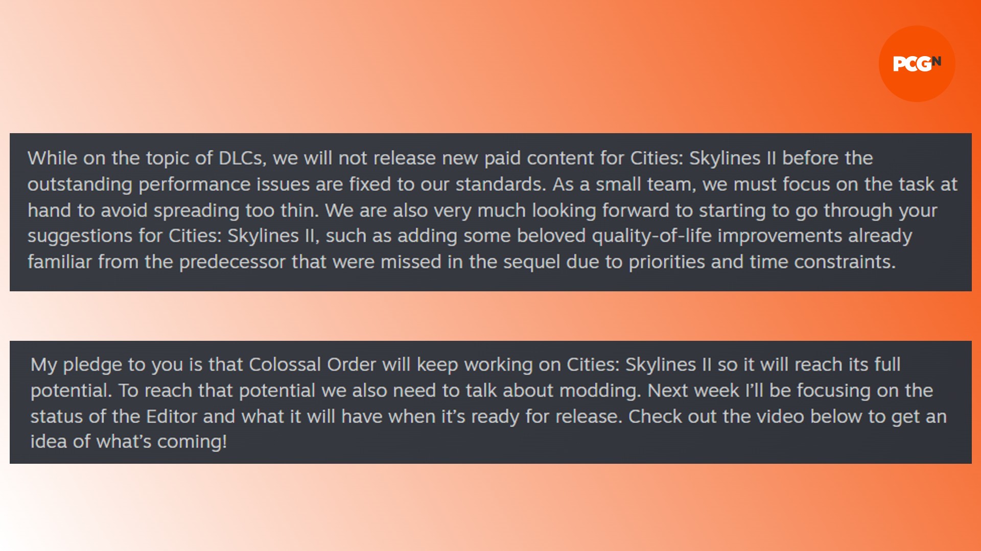 DLC Cities Skylines 2: una declaración del desarrollador de CS2 Colossal Order