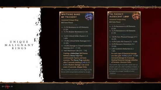 Diablo 4 Malignant Rings - The new items for Rogues and Sorcerers respectively.