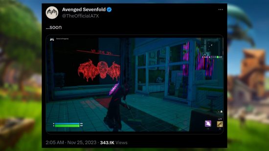 Fortnite-Zusammenarbeit – Ein Beitrag von Avenged Sevenfold auf der Social-Media-Plattform Twitter/X, gelesen 