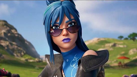Fortnite Chapter 5 Season 3 release date: a shot from the teaser trailer of a woman with blue hair and a leather jacket. She is riding a dirt bike.