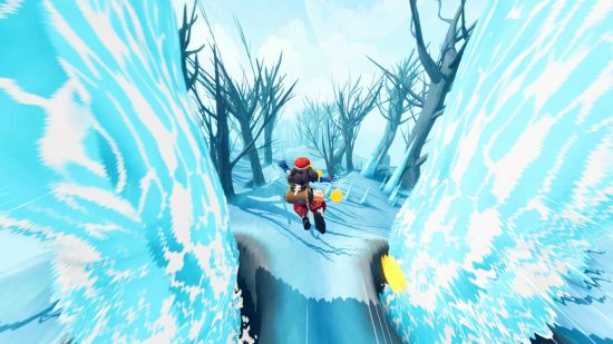 Haste: Broken Worlds on Steam – Eine Gestalt in Rot mit langen, braunen Haaren streckt die Hand aus, während sie über einen gefrorenen Abgrund springt, der zwischen zwei Wasserfällen hindurchgeht.
