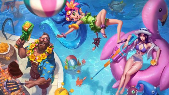 Best MOBAs: a bunch of friends hang around the pool, one bearded pal is grilling meat on a bbq.