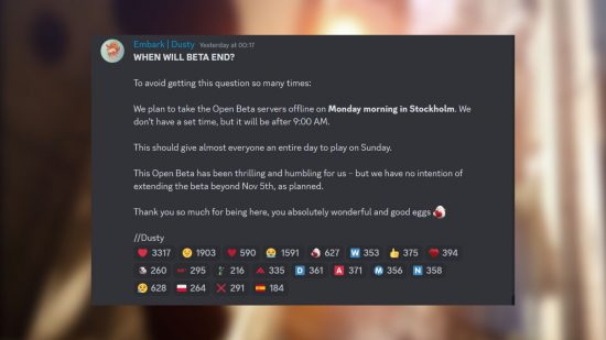 Die Finals-Beta ist vorbei: ein verschwommener Hintergrund mit einer Discord-Nachricht davor