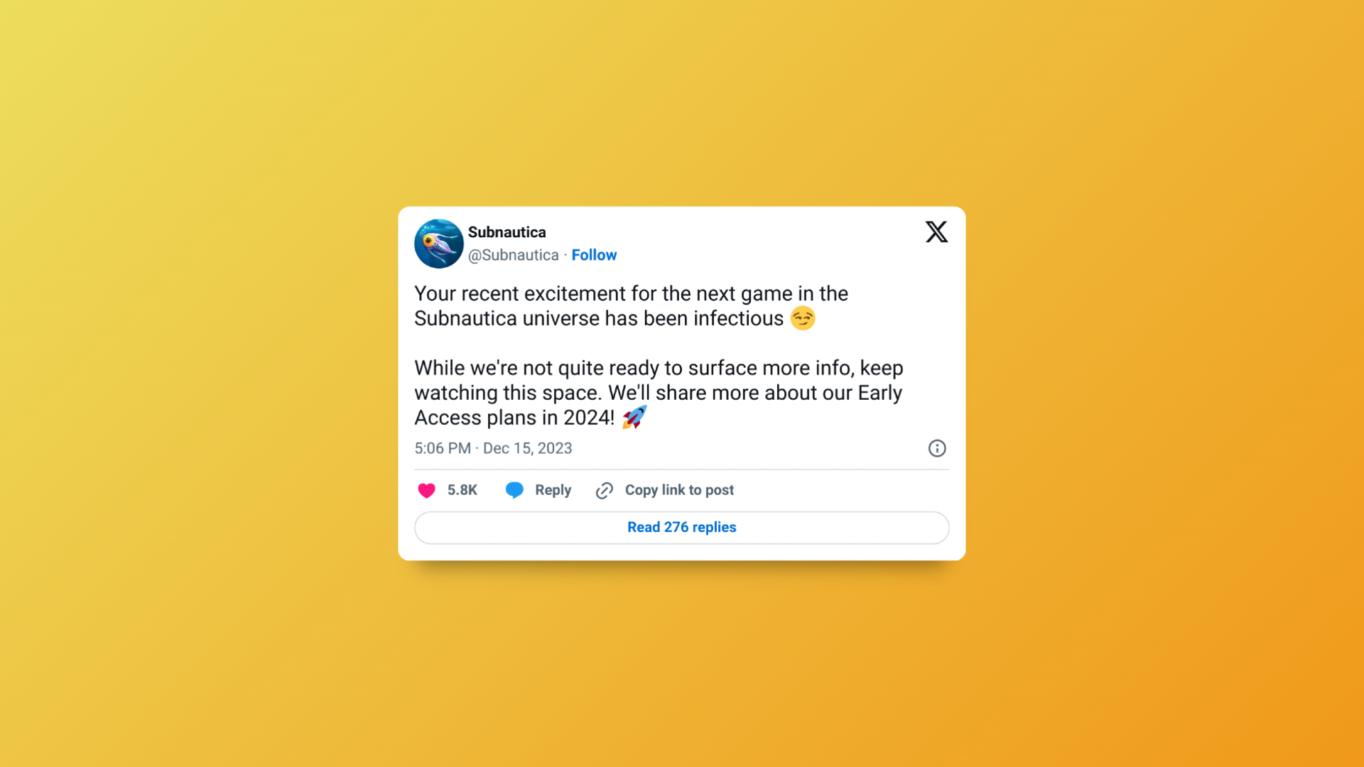 Subnautica 3-Early-Access-Tweet vom Entwickler, der bestätigt, dass die Nachricht von einem Start im Jahr 2024 kommt