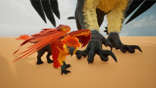A Pygmy Gryphon standing next to a Mountain Gryphon. Both are new additions in the best Ark Survival Ascended mods.