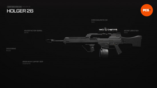 Warzone loadouts: a large futuristic looking assault rifle with a long barrel a scope attachment.