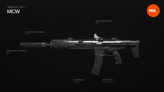 Warzone loadouts: a sleek looking automatic weapon with a long barrel, large magazine, and supporessor attachment.